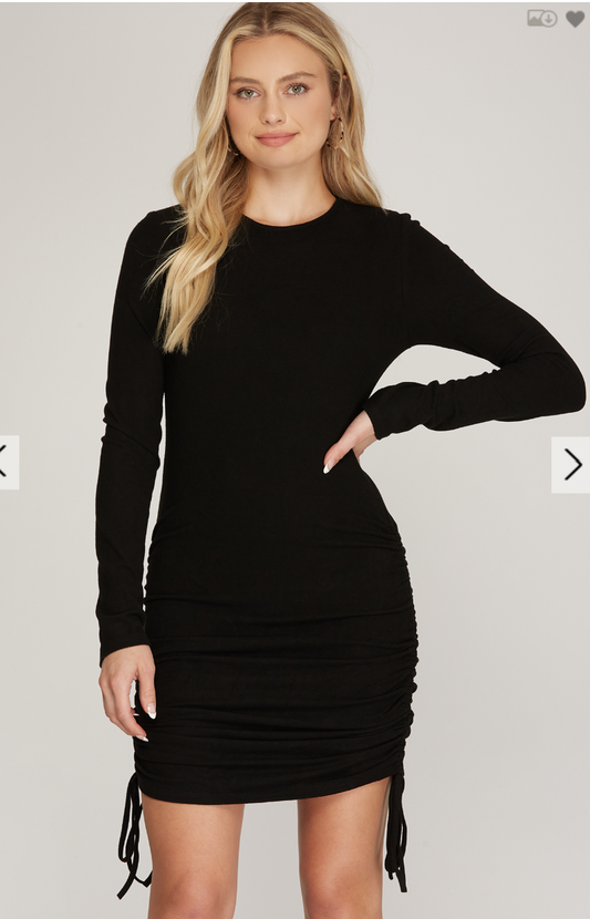 LONG SLEEVE BRUSHED STRETCH KNIT DRESS WITH RUCHED SIDE DETAIL