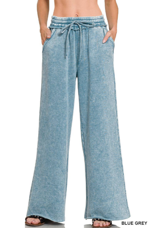 Acid Wash Fleece Palazzo Sweatpants With Pockets