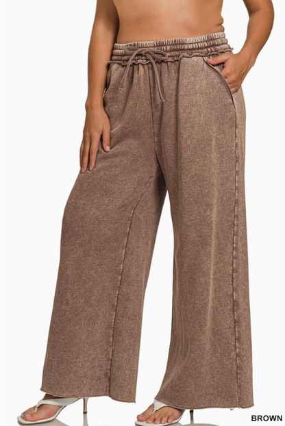 Acid Wash Fleece Palazzo Sweatpants With Pockets