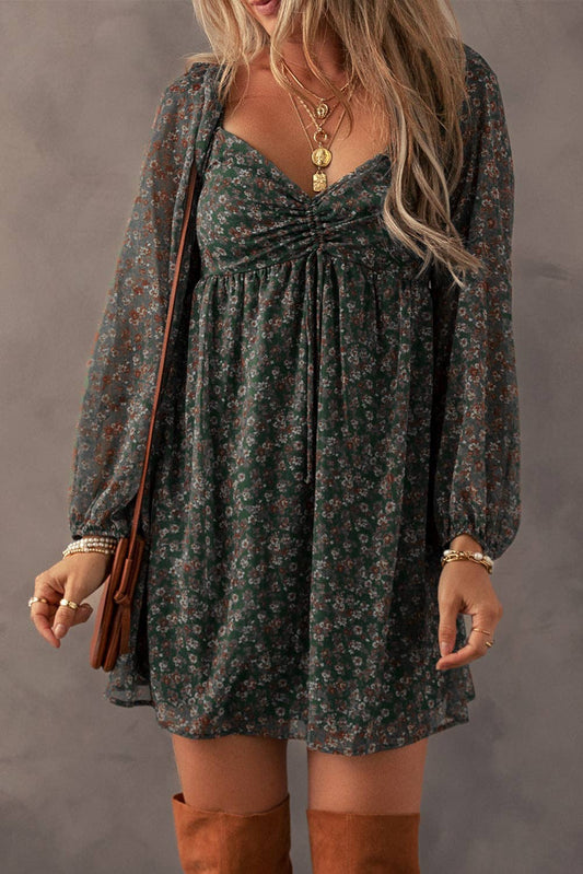Floral Chiffon Dress Boho Smocked Babydoll Mini Dress