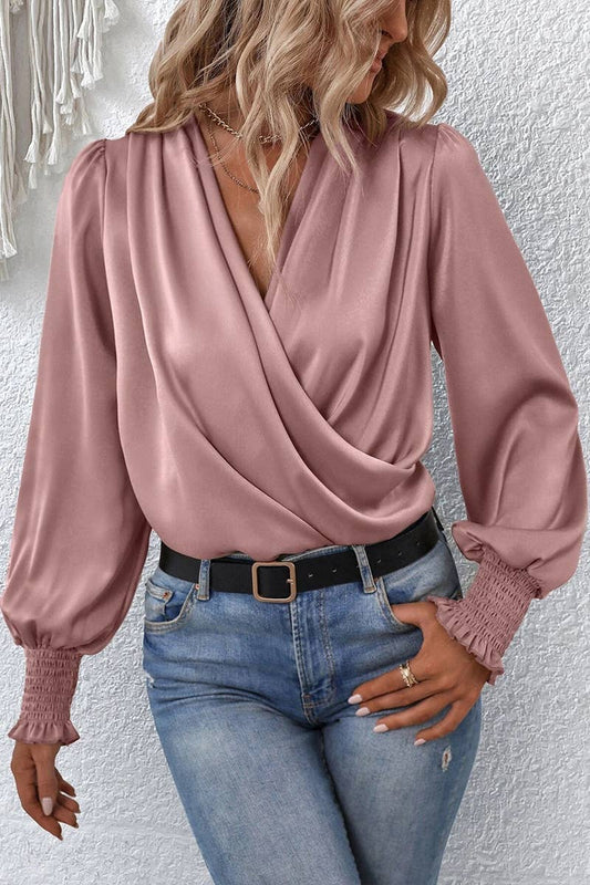 WOMEN CROSS WRAP RIBBED SLEEVE BLOUSE