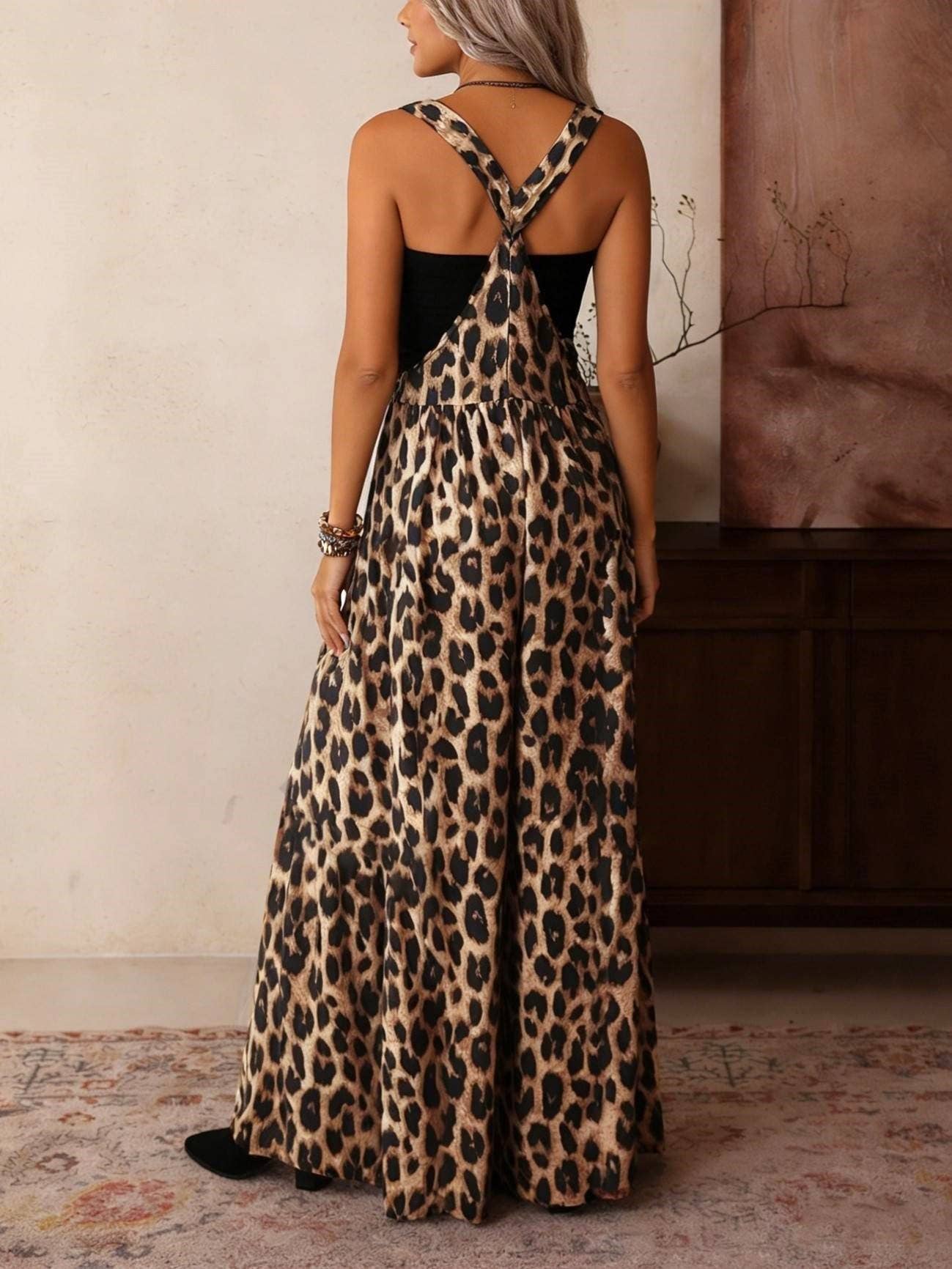 Retro Western Leopard Print Adjustable Strap Jumpsuit