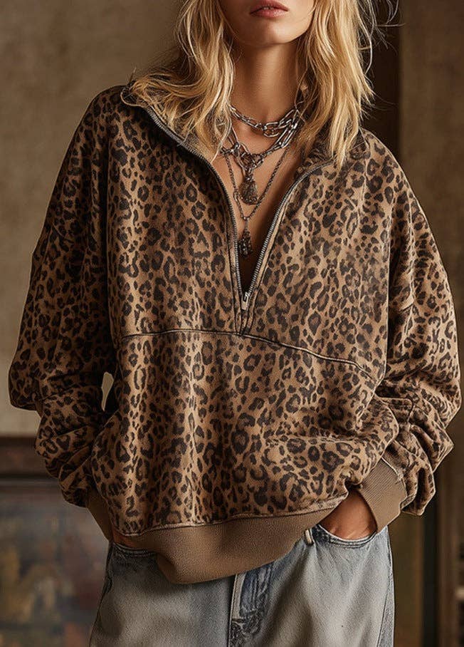Leopard Print Half-Zip Oversized Sweatshirt