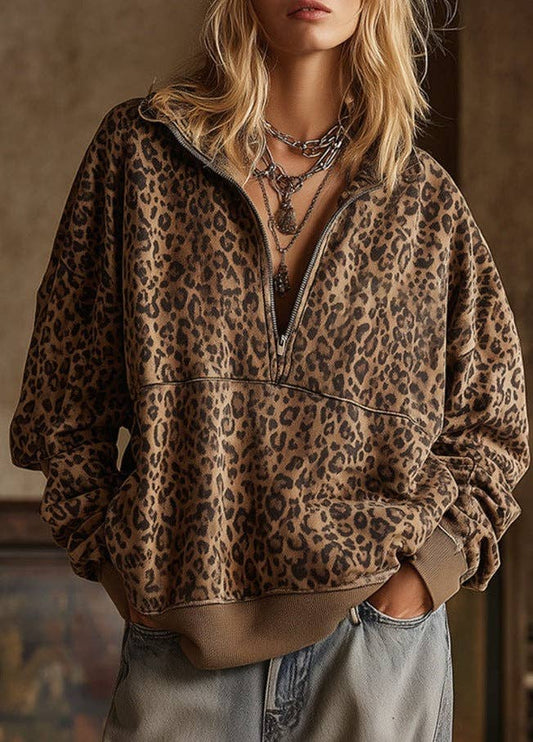 Leopard Print Half-Zip Oversized Sweatshirt