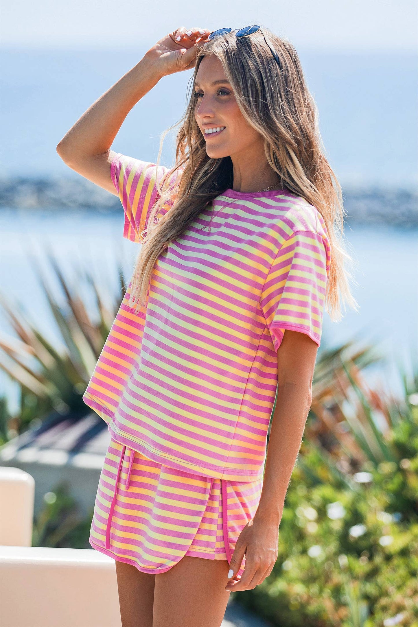 Striped Casual Short Sleeve Top and Skirt Set