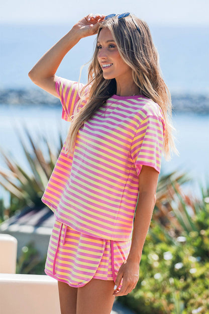 Striped Casual Short Sleeve Top and Skirt Set