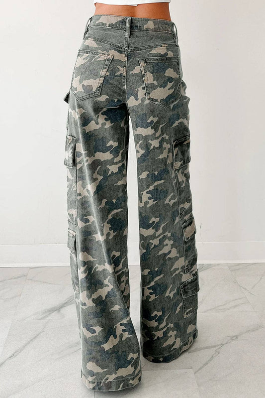 Green Camo Denim Cargo Wide Leg Pants