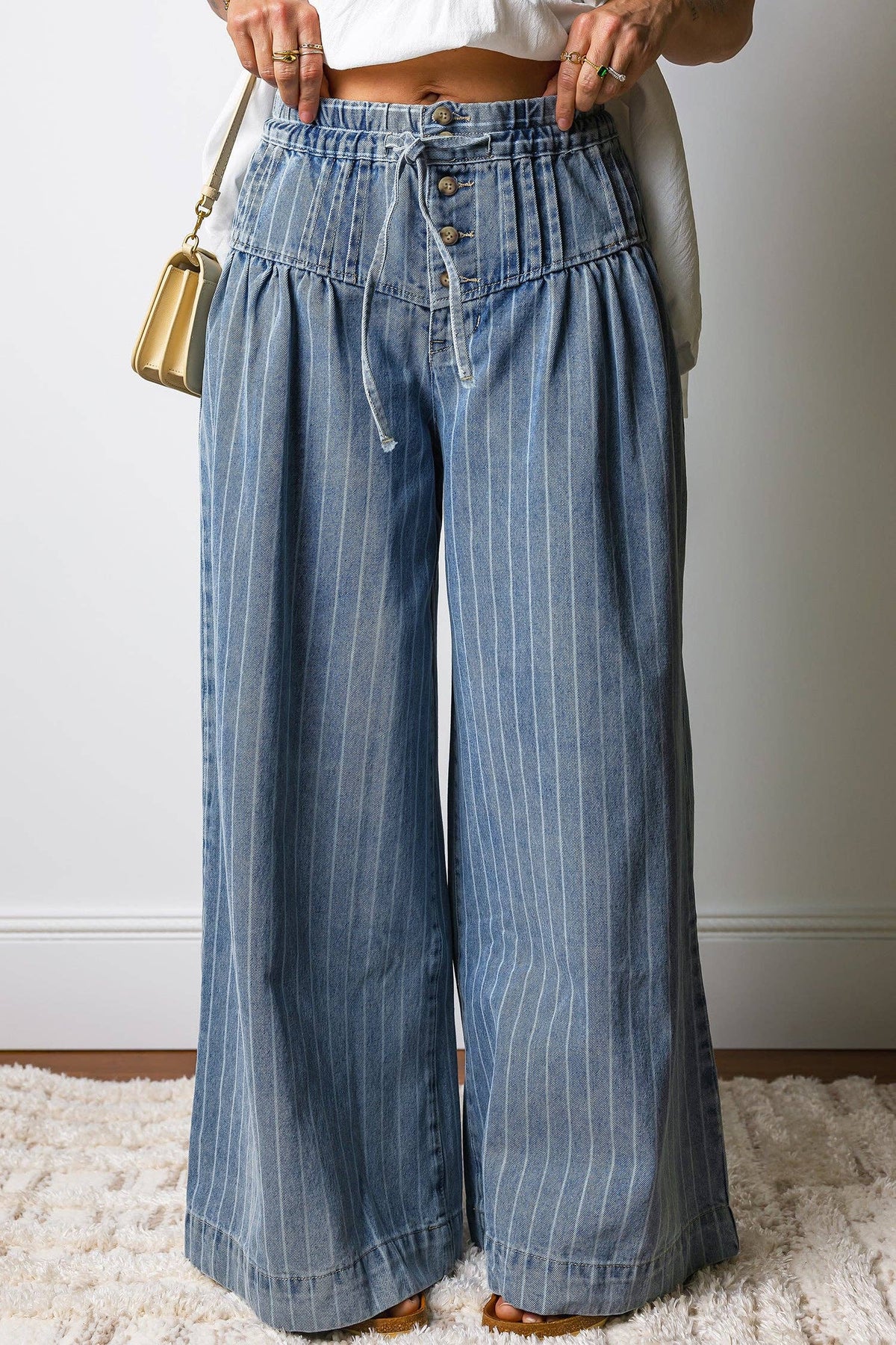 Sky Blue Striped Wide Leg Drawstring Jeans