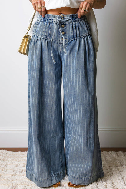Sky Blue Striped Wide Leg Drawstring Jeans