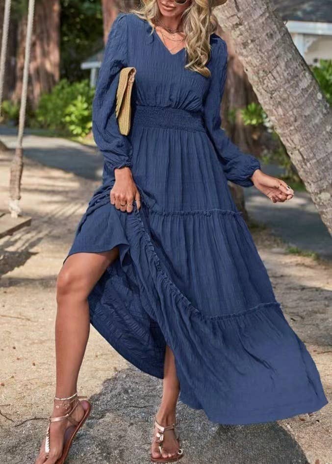 Solid textured long-sleeved maxi dress