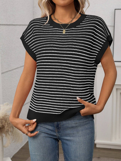 Summer Crew Neck Knit Top Casual Stripe Color Clash Sweater