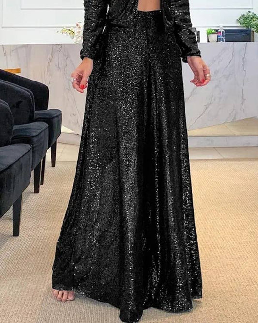 High-Rise Shiny Party Sequin Wide-Leg  Pants