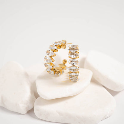 18K Gold PVD Stainless Steel Marquis CZ Stone Hoop Earrings