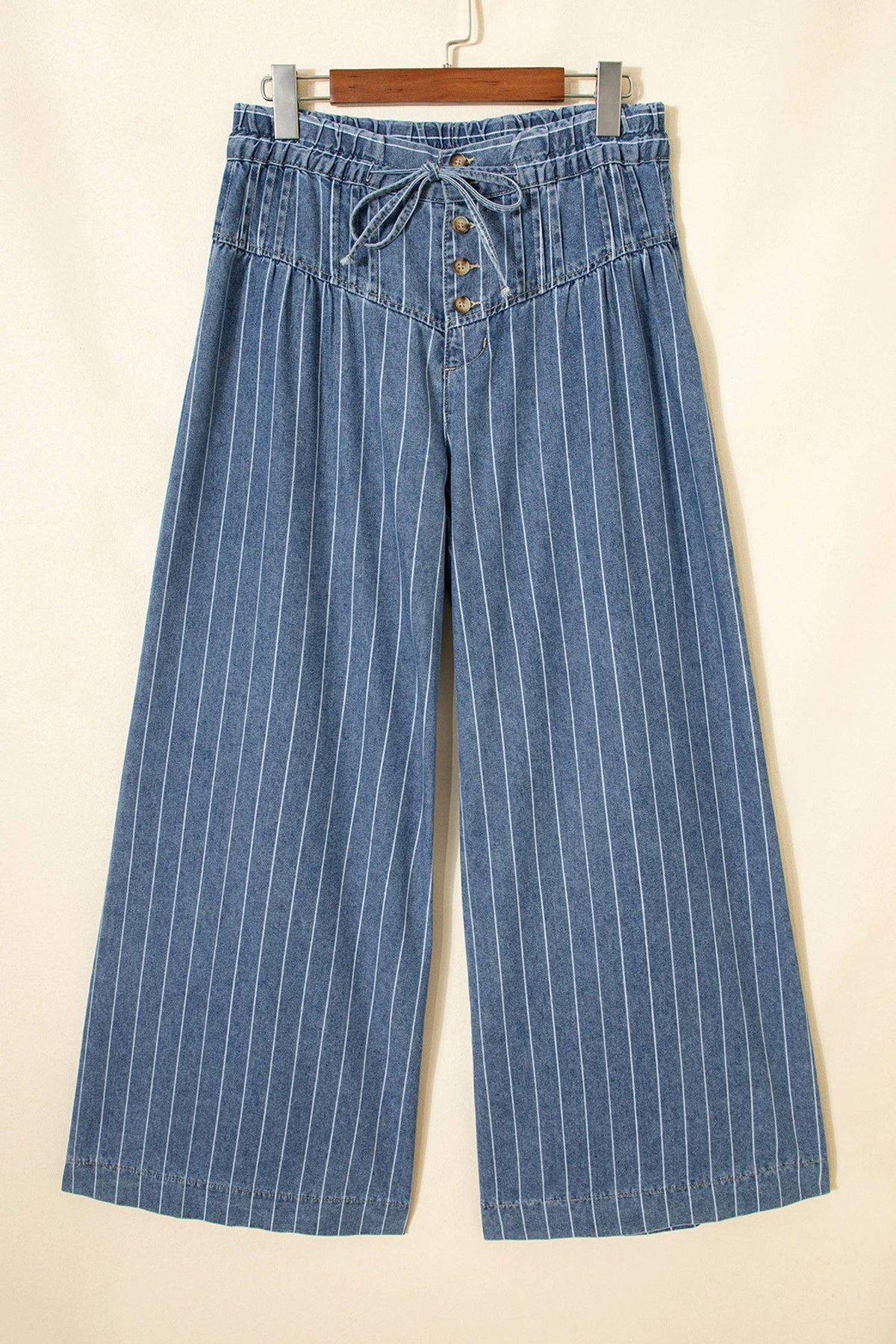 Sky Blue Striped Wide Leg Drawstring Jeans