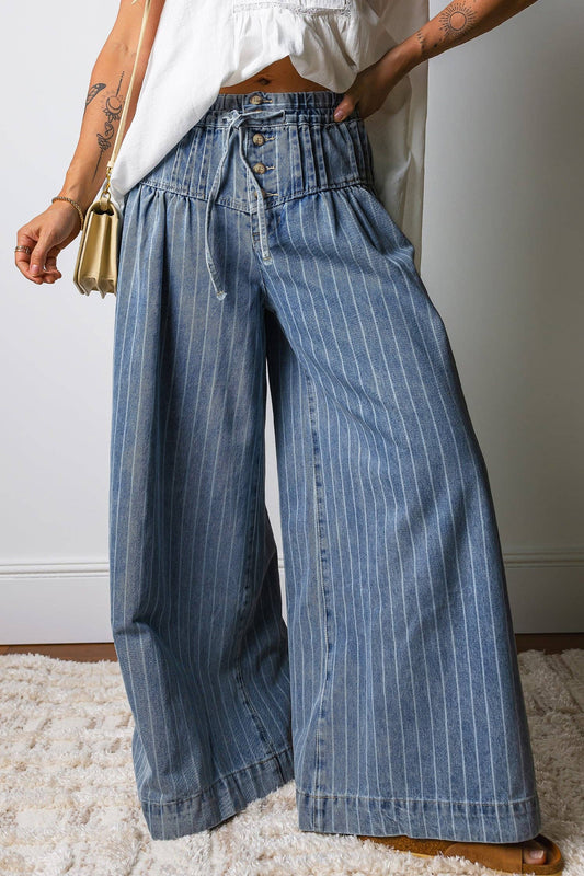 Sky Blue Striped Wide Leg Drawstring Jeans