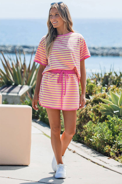 Striped Casual Short Sleeve Top and Skirt Set