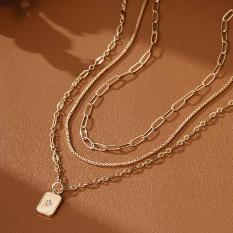 18K Stainless Steel Multi-Layered Rhinestone Rectangle Charm Pendant Necklace