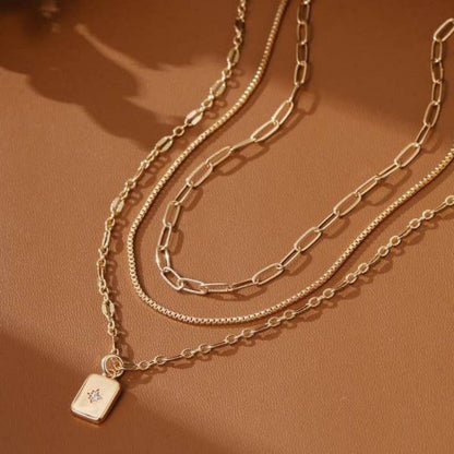 18K Stainless Steel Multi-Layered Rhinestone Rectangle Charm Pendant Necklace
