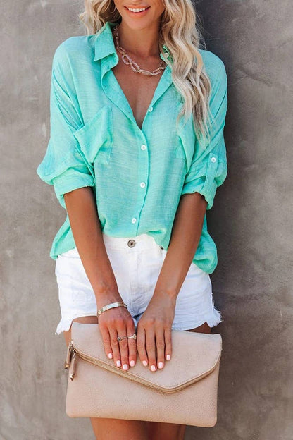 Candy Color Button Long Sleeves Blouse