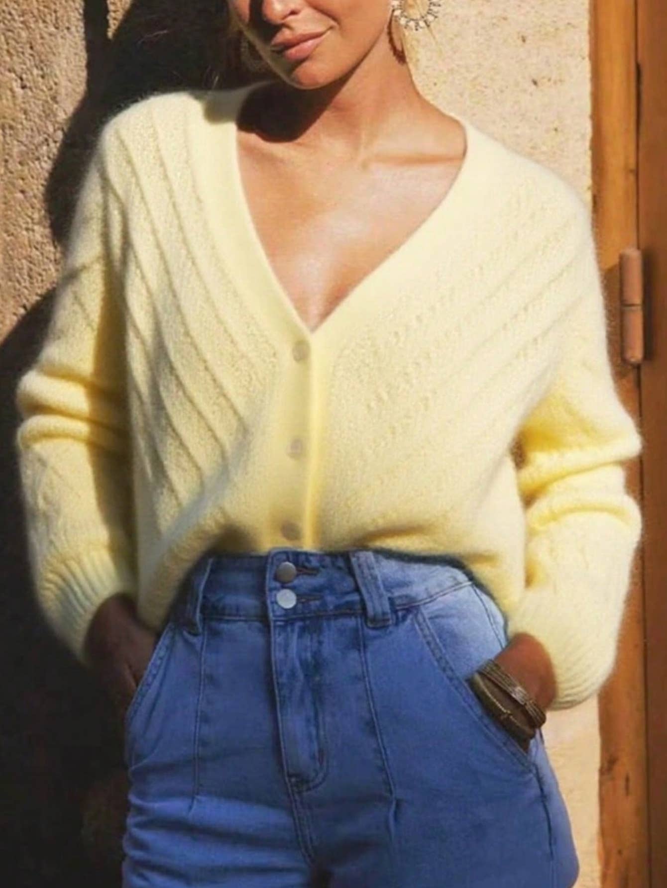 Gentle Creamy Yellow V-Neck Hollow-Knit Cardigan