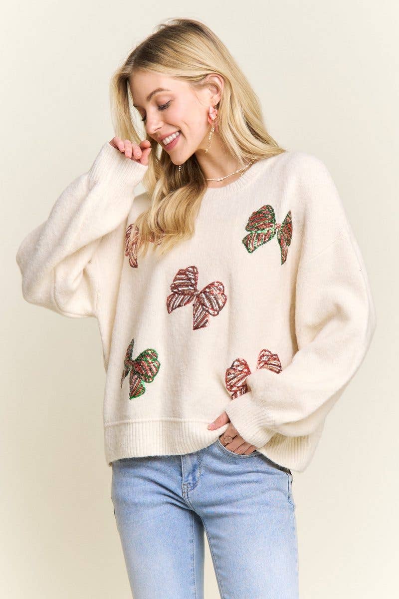 Crew Neck Knit Sweater Glitter Bow
