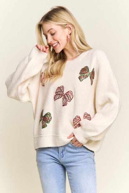 Crew Neck Knit Sweater Glitter Bow