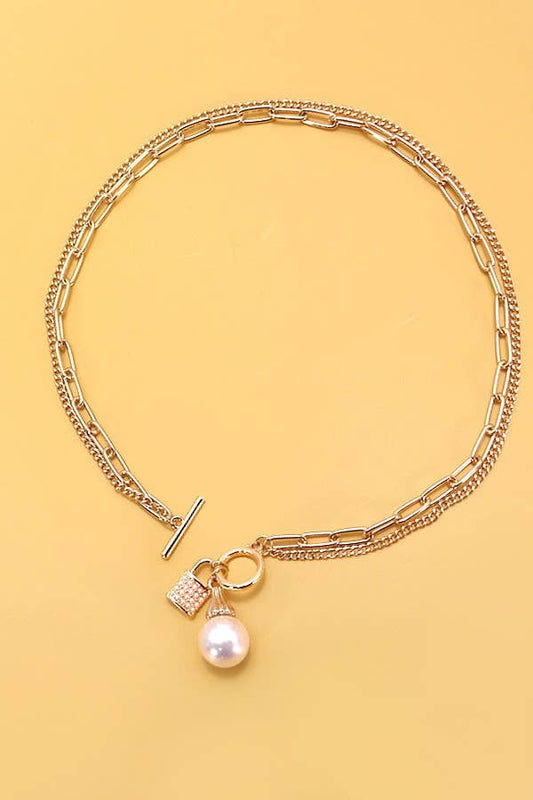 Pearl Lock Charm Double Layer Necklace