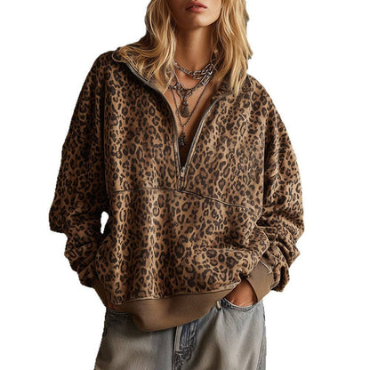 Leopard Print Half-Zip Oversized Sweatshirt