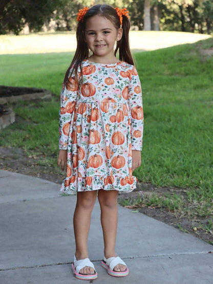 Pumpkin Print Long Sleeve Dress