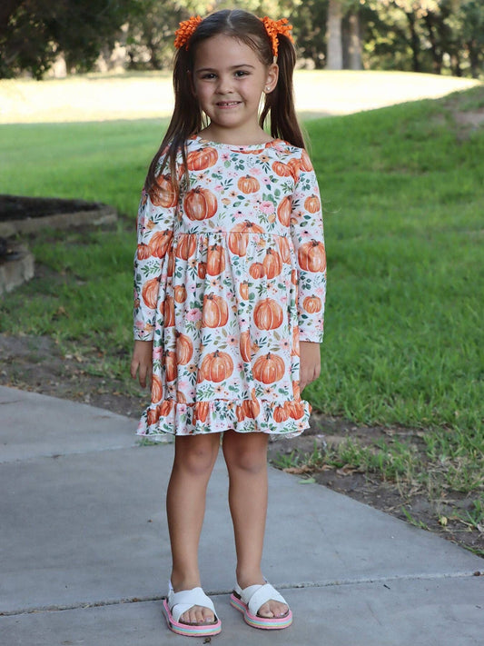 Pumpkin Print Long Sleeve Dress