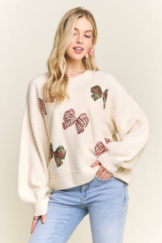 Crew Neck Knit Sweater Glitter Bow