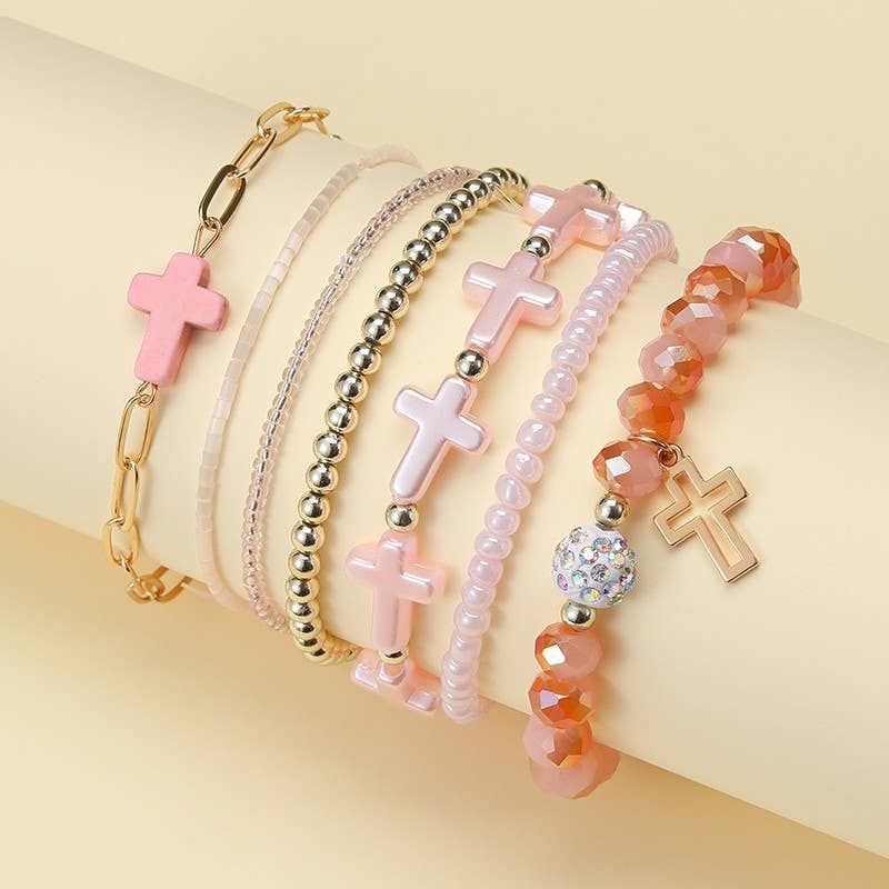 Cross Charm Beaded Bracelet Stack