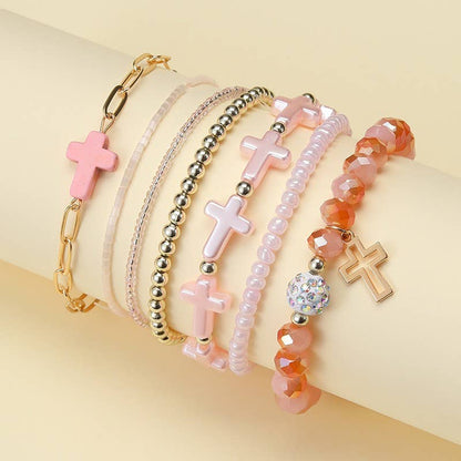 Cross Charm Beaded Bracelet Stack