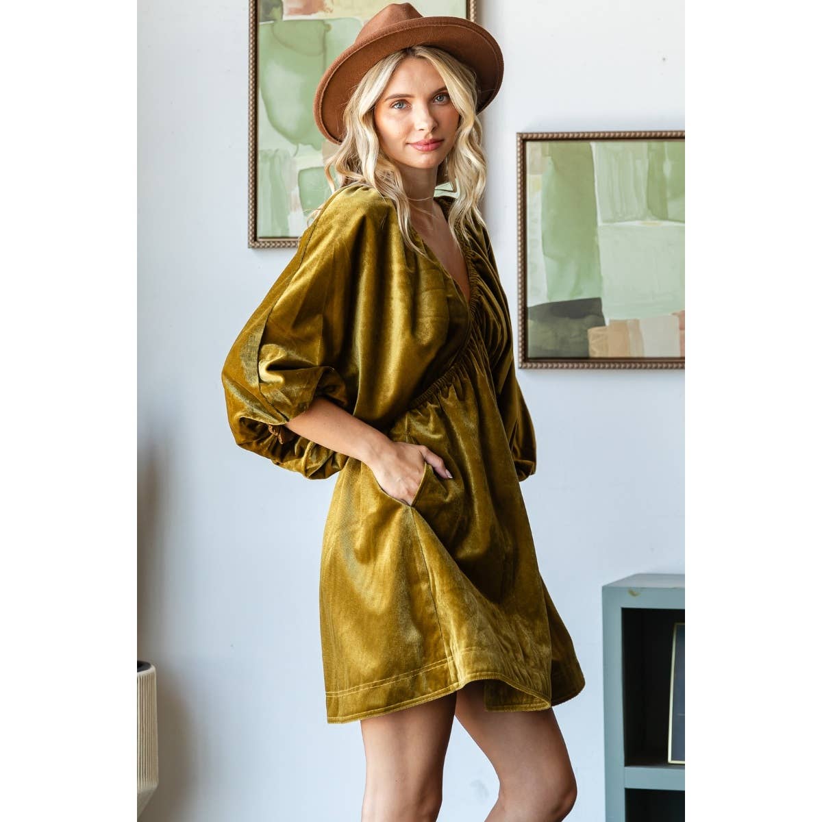 VelvetPuff Sleeve Deep V-neck Short Dress