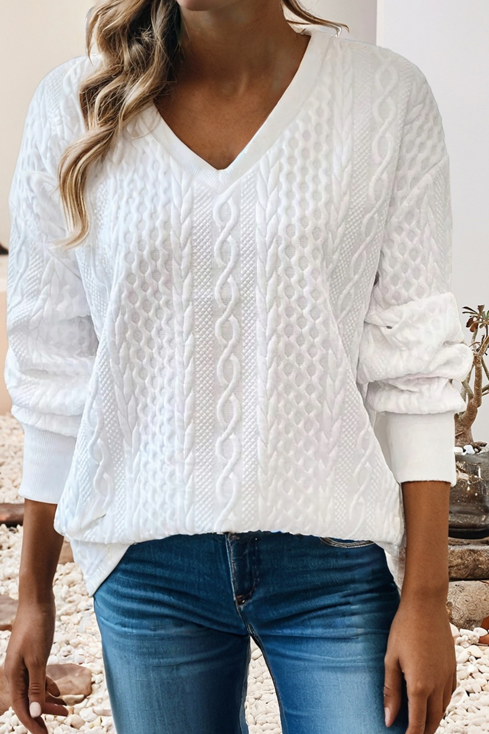 Casual V-Neck Oversized Long-Sleeve Textured Sweatshirt