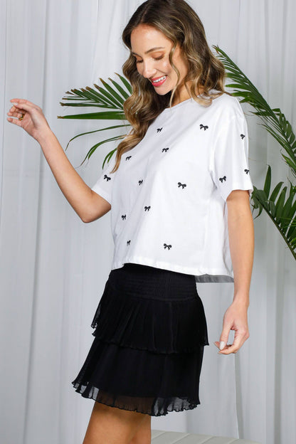 Bow Embroidered 100%Cotton Short-Sleeve Knit Top VT82318