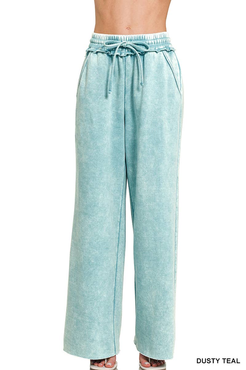 Acid Wash Fleece Palazzo Sweatpants With Pockets