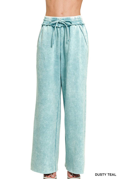Acid Wash Fleece Palazzo Sweatpants With Pockets