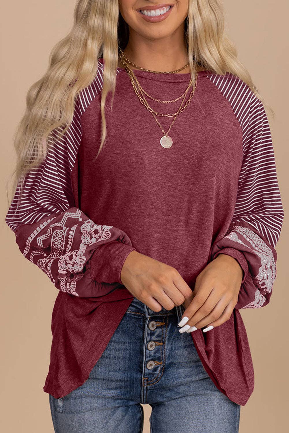 Contrast Print Striped Raglan Long Sleeve Loose Blouse