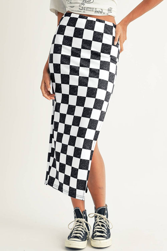 Checkered Print Side Slit High Waist Midi Skirt