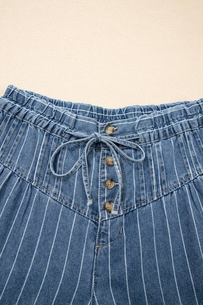 Sky Blue Striped Wide Leg Drawstring Jeans