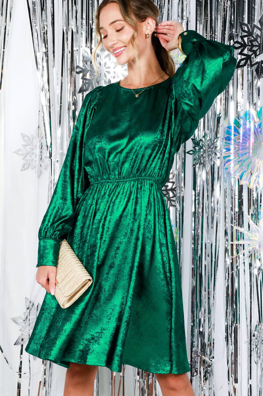 Metallic Foil Crew Neck Puff Sleeve Woven Knee Dress VD82545