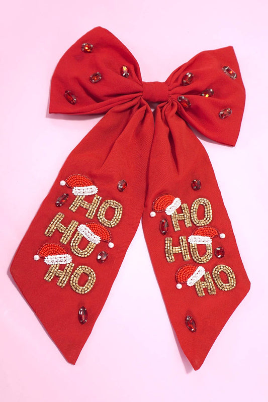 CHRISTMAS HO HO HO BOW SEED BEAD HAIR CLIPS