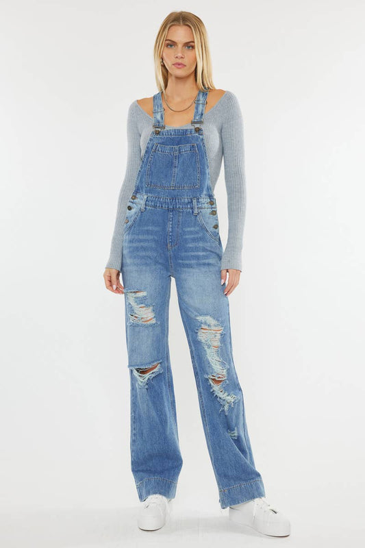 Kan Kan Wide-Leg Denim Overalls – Medium Stone Wash