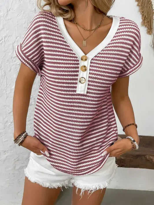 Striped Henley Knit Top Women Button V Neck Casual Tee Shirt