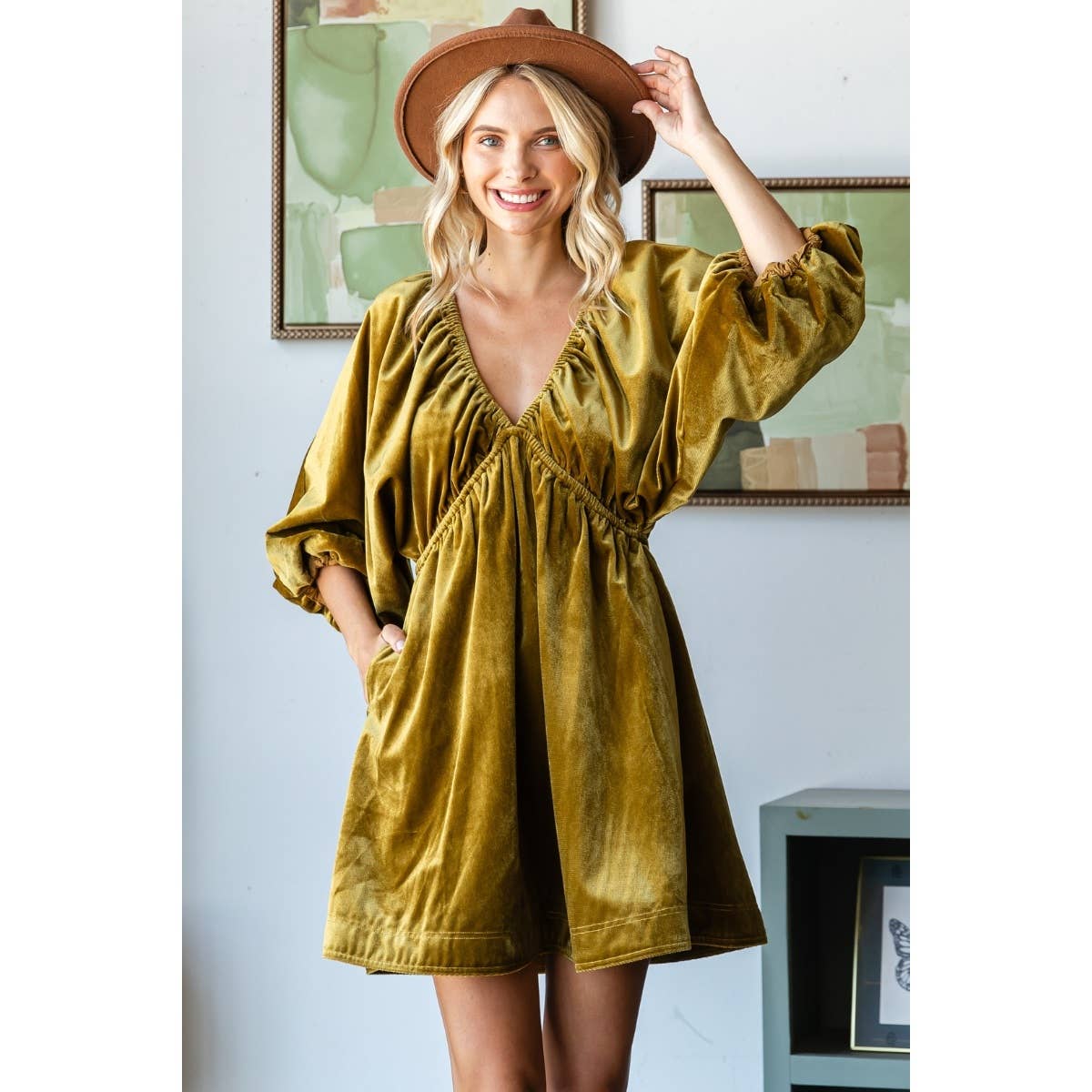 VelvetPuff Sleeve Deep V-neck Short Dress