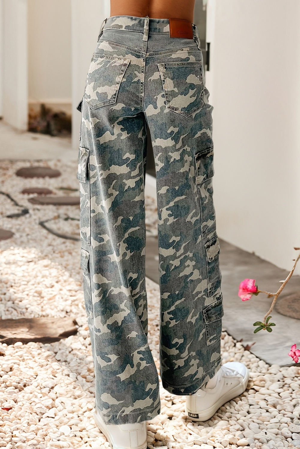Camo Denim Cargo Wide Leg Pants