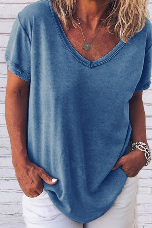 V NECK SOLID COLOR CASUAL SHORT SLEEVED T SHIRT