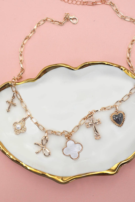 Charm Necklace – Porcelain Clover, Bow, Cross, Heart, Flower