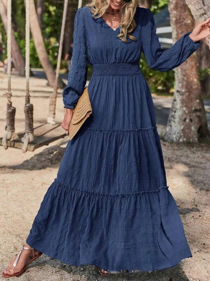 Solid textured long-sleeved maxi dress